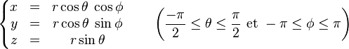  
\left\{
\begin{matrix}
x & = & r \cos\theta \; \cos\phi \\
y & = & r \cos\theta \; \sin\phi \\
z & = & r \sin\theta
\end{matrix}
\right.
\qquad\left(\frac{-\pi}{2} \le\theta\le \frac{\pi}{2} \mbox{ et } -\pi \le \phi \le \pi\right)
