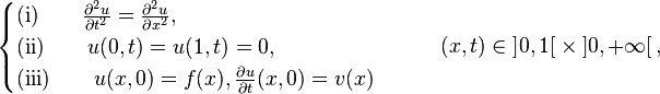 \begin{cases}\hbox{(i)}\qquad \frac{\partial^2 u}{\partial t^2}=\frac{\partial^2 u}{\partial x^2},\\
\hbox{(ii)}\qquad u(0,t)=u(1,t)=0,\\
\hbox{(iii)}\qquad u(x,0)=f(x), \frac{\partial u}{\partial t}(x,0)=v(x)\end{cases} \qquad (x,t)\in \left ]0,1 \right [\times \left ]0,+\infty \right[, 