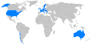 Carte du monde avec, en bleu, les pays participants.