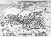 Illustration en noir et blanc de Vancouver. De grands navires remplissent les port au Sud; le bourg, remplissant le centre de la carte, est bordé d'arbres sur les côtés gauche et dessus.Des ponts traverses le plan d'eau en centre-haut.