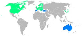 Carte du monde des nations participants aux Jeux indiqués en vert et en bleu.
