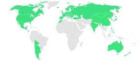 Carte du monde des nations participants aux Jeux indiqués en vert et en bleu.