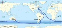 Mappemonde illustrant le parcours du BOC Challenge 1990-1991, départ de Newport, aux États-Unis, escales au Cap, en Afrique-du-Sud, Sydney en Australie et Punta del Este en Uruguay.