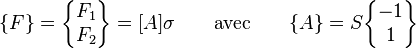  \{F\} = \begin{Bmatrix}F_1 \\ F_2 \end{Bmatrix} = [A]\sigma \qquad \mbox {avec} \qquad \{A\} = S \begin{Bmatrix}-1 \\ 1 \end{Bmatrix} \,