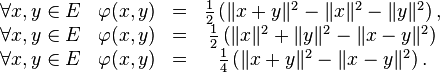 \begin{matrix}\forall x,y\in E&\varphi(x,y)&=&\frac 12\left(\|x+y\|^2-\|x\|^2-\|y\|^2\right),\\
\forall x,y\in E&\varphi(x,y)&=&\frac12\left(\|x\|^2+\|y\|^2-\|x-y\|^2\right)\\
\forall x,y\in E&\varphi(x,y)&=&\frac14\left(\|x+y\|^2-\|x-y\|^2\right).\end{matrix}