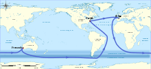 Mappemonde illustrant le parcours de la Velux 5 Oceans 2006-2007