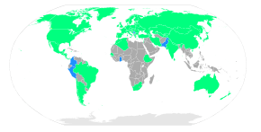 Carte du monde des nations participant aux Jeux indiquées en vert et en bleu.