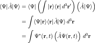 \begin{align}\langle\Psi|\hat{A}|\Psi\rangle &=\langle\Psi|\left(\int |\mathbf{r}\rangle\langle\mathbf{r}|\,d^3\mathbf{r}'\right)\left(\hat{A}|\Psi\rangle\right) \\ & = \int \langle\Psi|\mathbf{r}\rangle\langle\mathbf{r}|\hat{A}|\Psi\rangle\,d^3\mathbf{r} \\ & = \int \Psi^*(\mathbf{r},t)\left(\hat{A}\Psi(\mathbf{r},t)\right)\,d^3\mathbf{r}\end{align}