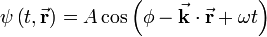 
  \psi \left(t , \vec {\mathbf r} \right) = A \cos 
    \left( 
      \phi - \vec {\mathbf k} \cdot \vec {\mathbf r} + \omega t
    \right)
\,