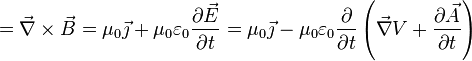  = \vec{\nabla} \times \vec{B} = \mu_0 \vec{\jmath} + \mu_0 \varepsilon_0 \frac{\partial \vec{E}}{\partial t} = \mu_0 \vec{\jmath} - \mu_0 \varepsilon_0 \frac{\partial }{\partial t} \left(\vec{\nabla} V + \frac{\partial \vec{A}}{\partial t}\right) 