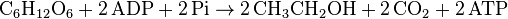 \rm{C_6H_{12}O_6+2 \, ADP + 2 \, Pi \rightarrow 2 \, CH_3CH_2OH + 2 \, CO_2 + 2 \, ATP}