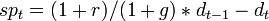 sp_{t} = (1+r)/(1+g) * d_{t-1} - d_{t}