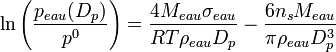 \ln \left ( \frac{p_{eau}(D_{p})}{p^{0}} \right ) = \frac{4M_{eau}\sigma_{eau}}{RT\rho_{eau}D_{p}} - \frac{6n_{s}M_{eau}}{\pi\rho_{eau}D_{p}^{3}}