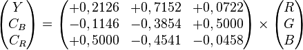 
\begin{pmatrix} Y \\ C_B \\ C_R \end{pmatrix}
=
\begin{pmatrix}
+ 0,2126 & + 0,7152 & + 0,0722 \\
- 0,1146 & - 0,3854 & + 0,5000 \\
+ 0,5000 & - 0,4541 & - 0,0458
\end{pmatrix}
\times
\begin{pmatrix} R \\ G \\ B \end{pmatrix}