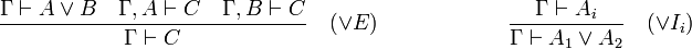 \frac{\Gamma \vdash A \vee B\quad\Gamma, A \vdash C\quad\Gamma, B \vdash C}{\Gamma \vdash C}\quad (\vee E)\qquad\qquad\qquad\frac{\Gamma \vdash A_i}{\Gamma \vdash A_1 \vee A_2}\quad(\vee I_i)