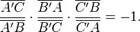 \dfrac{\overline{A'C}}{\overline{A'B}}\cdot\dfrac{\overline{B'A}}{\overline{B'C}}\cdot\dfrac{\overline{C'B}}{\overline{C'A}}=-1.