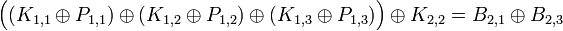 \Big( (K_{1,1} \oplus P_{1,1}) \oplus (K_{1,2} \oplus P_{1,2}) \oplus (K_{1,3} \oplus P_{1,3}) \Big ) \oplus K_{2,2} = B_{2,1} \oplus B_{2,3} 