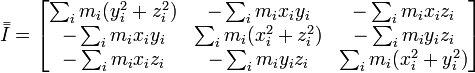 \bar{\bar{I}}=\begin{bmatrix}\sum_{i} m_i(y_i^2+z_i^2) & -\sum_{i} m_i x_i y_i & - \sum_{i} m_i x_i z_i \\ -\sum_{i} m_i x_i y_i & \sum_{i} m_i(x_i^2+z_i^2) &-\sum_{i} m_i y_i z_i\\ -\sum_{i} m_i x_i z_i & -\sum_{i} m_i y_i z_i & \sum_{i} m_i(x_i^2+y_i^2) \end{bmatrix}