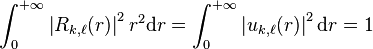 \int_{0}^{+\infty}\left|R_{k,\ell}(r)\right|^2 r^2 \mathrm dr= \int_{0}^{+\infty} \left|u_{k,\ell}(r)\right|^2 \mathrm dr = 1