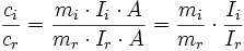 \frac{c_i}{c_r} = \frac{m_i \cdot I_i \cdot A}{m_r \cdot I_r \cdot A} = \frac{m_i}{m_r} \cdot \frac{I_i}{I_r}