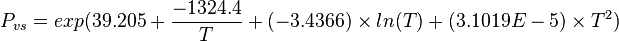 P_{vs}=exp(39.205+\frac{-1324.4}{T}+(-3.4366) \times ln (T) + (3.1019E-5) \times T^{2})