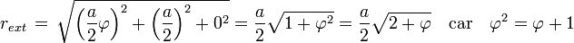 r_{ext} \, = \,\sqrt {\left(\frac a2\varphi\right)^2 + \left(\frac a2\right)^2 + 0^2} = \frac{a}{2}\sqrt{1+\varphi^2} = \frac{a}{2}\sqrt{2+\varphi}\quad\text{car}\quad \varphi^2 = \varphi + 1