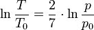 \ln \frac{T}{T_0} = \frac{2}{7} \cdot \ln \frac{p}{p_0} 