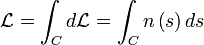 \mathcal{L} = \int_{C} d\mathcal{L} = \int_{C} n\left( s\right) ds