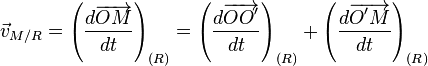 \vec{v}_{M/R}=\left(\frac{d\overrightarrow{OM}}{dt}\right)_{(R)}=\left(\frac{d\overrightarrow{OO'}}{dt}\right)_{(R)}+\left(\frac{d\overrightarrow{O'M}}{dt}\right)_{(R)}