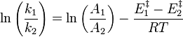 \ln \left( \frac{k_1}{k_2} \right) = \ln \left( \frac{A_1}{A_2} \right) - \frac{E_1^{\ddagger} - E_2^{\ddagger}}{RT} 