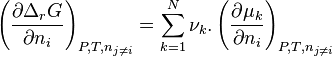  \left( \frac{\partial \Delta_r G}{\partial n_i} \right) _{P,T,n_{j \neq i}}
= \sum_{k=1}^{N} \nu_k.\left( \frac{\partial \mu_k}{\partial n_i} \right) _{P,T,n_{j \neq i}}