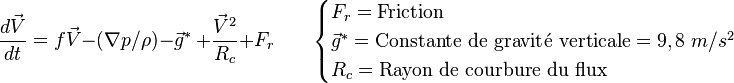 \frac{d \vec{V}}{dt} = f \vec{V} - (\nabla p/\rho)  - \vec g^*\ + \frac {\vec V^2}{R_c} + F_{r}  \qquad \begin{cases} F_r = \text{Friction} \\ \vec g^*=\text{Constante de gravité verticale}= 9,8~m/s^2 \\R_c = \text{Rayon de courbure du flux} \end{cases}