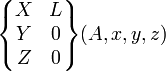 \begin{Bmatrix} X & L \\ Y & 0 \\ Z & 0 \end{Bmatrix}(A,x,y,z)