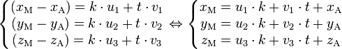 \left\{\begin{matrix}
(x_\mathrm{M} - x_\mathrm{A}) = k \cdot u_1 + t \cdot v_1 \\
(y_\mathrm{M} - y_\mathrm{A}) = k \cdot u_2 + t \cdot v_2 \\
(z_\mathrm{M} - z_\mathrm{A}) = k \cdot u_3 + t \cdot v_3
\end{matrix} \right.
\Leftrightarrow
\left\{\begin{matrix}
x_\mathrm{M} = u_1 \cdot k + v_1 \cdot t + x_\mathrm{A} \\
y_\mathrm{M}  = u_2 \cdot k + v_2 \cdot t + y_\mathrm{A} \\
z_\mathrm{M} = u_3 \cdot k + v_3 \cdot t + z_\mathrm{A}
\end{matrix} \right.