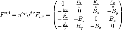 
  F^{\alpha\beta} 
 =   \eta^{\alpha \mu}  \eta^{\beta \nu}  F_{\mu\nu}
 =  \begin{pmatrix}
        0 & \frac{E_x}{c} & \frac{E_y}{c} & \frac{E_z}{c} \\
      -   \frac{E_x}{c} &  0   & B_z &  -  B_y \\
      -   \frac{E_y}{c} &  -  B_z &  0   & B_x \\
      -   \frac{E_z}{c} & B_y &  -  B_x & 0    \\
      \end{pmatrix}
