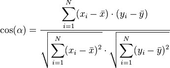 \cos(\alpha) = \dfrac{\displaystyle \sum_{i=1}^N (x_i - \bar x)\cdot(y_i - \bar y)}{\sqrt{\displaystyle \sum_{i=1}^N (x_i - \bar x)^2}\cdot\sqrt{\displaystyle \sum_{i=1}^N (y_i - \bar y)^2}}