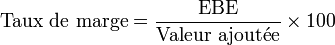 \textrm{Taux~de~marge} = \frac{\mathrm{EBE}}{\mathrm{Valeur~ajout\acute{e}e}} \times100