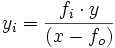 y_i=\frac{f_i \cdot y}{(x-f_o)}
