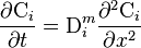 \frac{\partial \mathrm{C}_i}{\partial t} = \mathrm{D}_i^m \frac{\partial^2 \mathrm{C}_i}{\partial x^2}