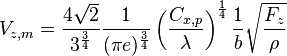 V_{z,m} = {4 \sqrt{2} \over 3^{3 \over 4}} {1 \over (\pi e)^{3 \over 4}} \left({C_{x,p} \over \lambda}\right)^{1 \over 4} {1 \over b} \sqrt{F_z \over \rho} 