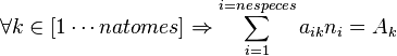 
\forall k \in [1\cdots natomes]\Rightarrow \sum_{i=1}^{i=nespeces} a_{ik}n_{i} = A_{k}