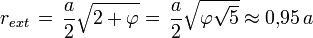 r_{ext} \, = \, \frac{a}{2} \sqrt{2+\varphi} = \,\frac{a}{2} \sqrt{\varphi \sqrt 5}  \approx 0{,}95 \, a