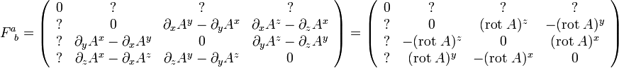 F^a_{\;\;b} = \left(\begin{array}{cccc}0 & ? & ? & ? \\ ? & 0 & \partial_x A^y - \partial_y A^x &  \partial_x A^z - \partial_z A^x \\ ?  & \partial_y A^x - \partial_x A^y & 0  & \partial_y A^z - \partial_z A^y \\ ? & \partial_z A^x - \partial_x A^z & \partial_z A^y - \partial_y A^z & 0 \end{array} \right)  = \left(\begin{array}{cccc}0 & ? & ? & ? \\ ? & 0 & ({\rm rot}\; A)^z & -({\rm rot} \;A)^y \\ ? & -({\rm rot}\; A)^z & 0 & ({\rm rot}\; A)^x \\ ? & ({\rm rot}\; A)^y & -({\rm rot} \;A)^x & 0 \end{array} \right)