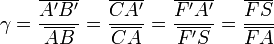 \gamma=\frac{\overline{A'B'}}{\overline{AB}}=\frac{\overline{CA'}}{\overline{CA}}=\frac{\overline{F'A'}}{\overline{F'S}}=\frac{\overline{FS}}{\overline{FA}}