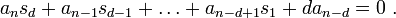 a_ns_d + a_{n-1}s_{d-1} + \ldots + a_{n-d+1}s_1+da_{n-d}= 0~.