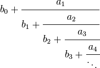  b_0 + \cfrac{a_1}{b_1 + \cfrac{a_2}{b_2 + \cfrac{a_3}{b_3 + \cfrac{a_4}{\ddots\,}}}}