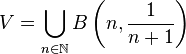 V=\bigcup_{n \in\N} B\left(n,\frac1{n + 1}\right)