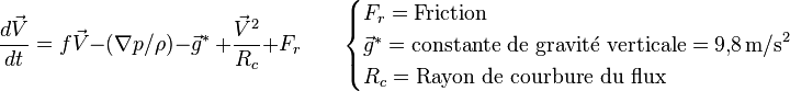 \frac{d \vec{V}}{dt} = f \vec{V} - (\nabla p/\rho)  - \vec g^*\ + \frac {\vec V^2}{R_c} + F_{r}  \qquad \begin{cases} F_r = \text{Friction} \\ \vec g^*= \text{constante de gravité verticale} = 9{,}8 \,\mathrm{m/s}^2 \\R_c = \text{Rayon de courbure du flux} \end{cases}