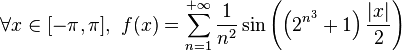 \forall x\in [-\pi,\pi], \,\, f(x)=\sum_{n=1}^{+\infty} \frac1{n^2} \sin \left(\left(2^{n^3}+1\right)\frac {|x|} 2\right)