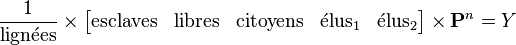 \frac1\mathrm{lign\acute ees} \times \begin{bmatrix}\rm esclaves&\rm libres &\rm citoyens &\rm \acute elus_1 &\rm \acute elus_2 \end{bmatrix} \times \mathbf P^{n} = Y